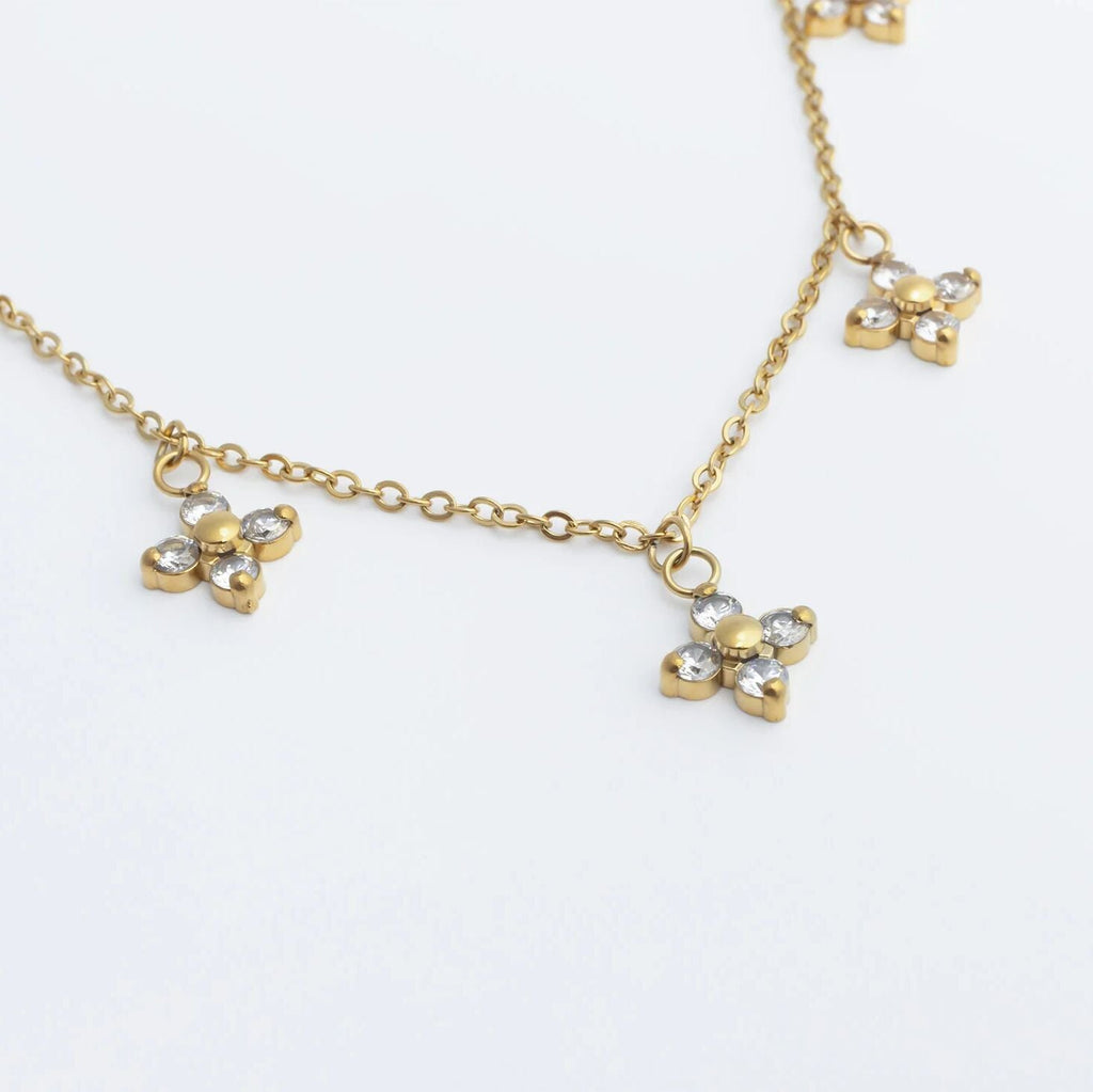 18K Gold Floral Necklace – Dangle CZ Pendant | Stainless Steel Chain, Hypoallergenic
