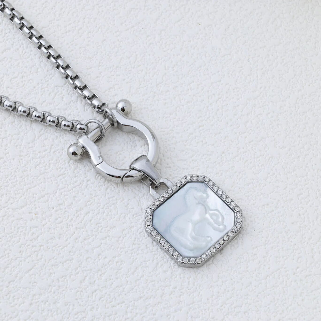 Silver Horse Shoe Carabiner Charm Holder Necklace