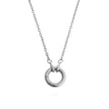 Silver necklace with a circular pendant on a white background