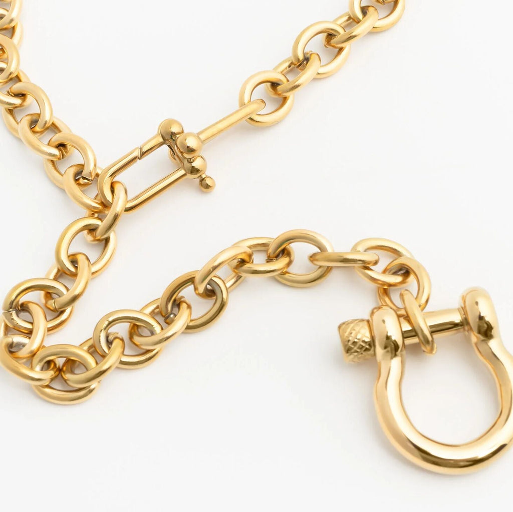 Gold Y Necklace with Horse shoe Carabiner with clasp on a white background