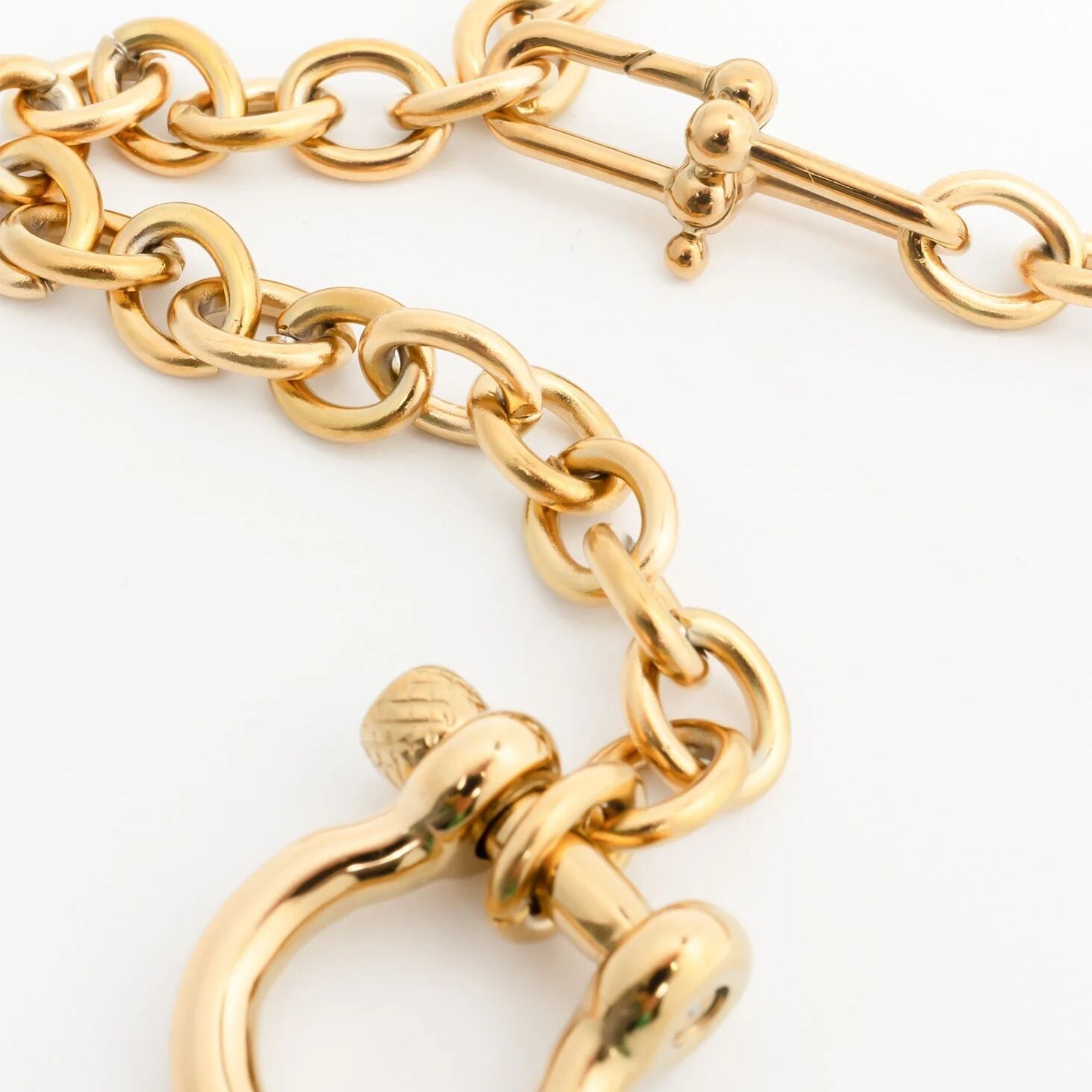 Gold chain Y Necklace with Horse shoe Carabiner on a white background