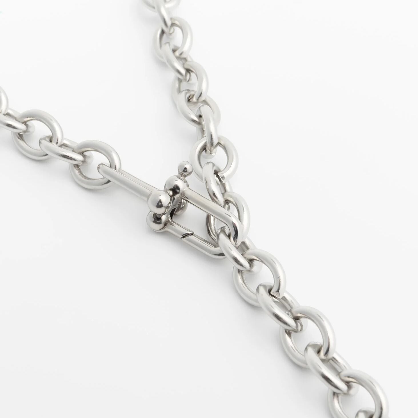 Close-up of a silver Y Necklace with Horse shoe Carabiner on a white background