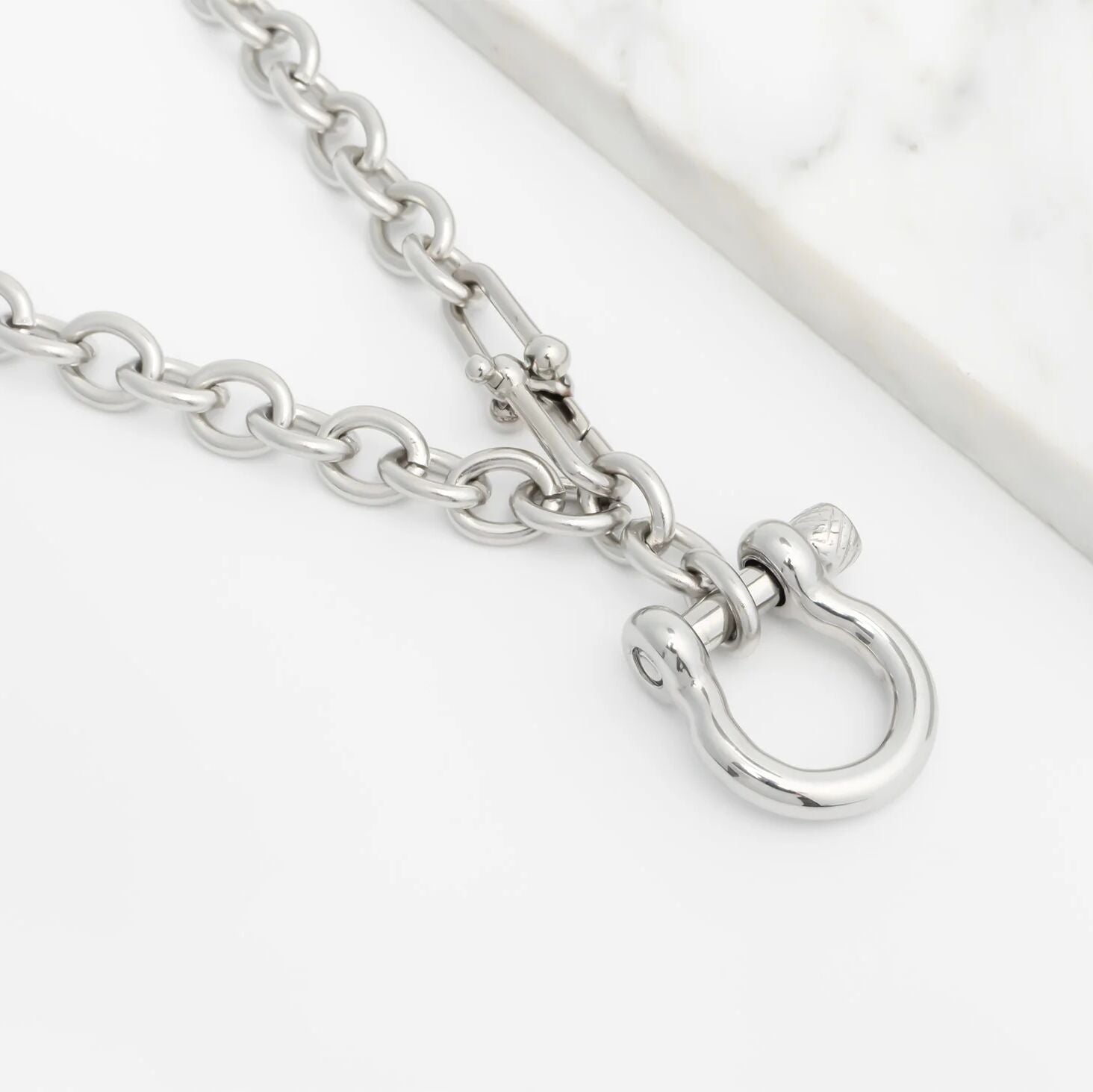 Silver Y Necklace with Horse shoe Carabiner with a clasp on a white background