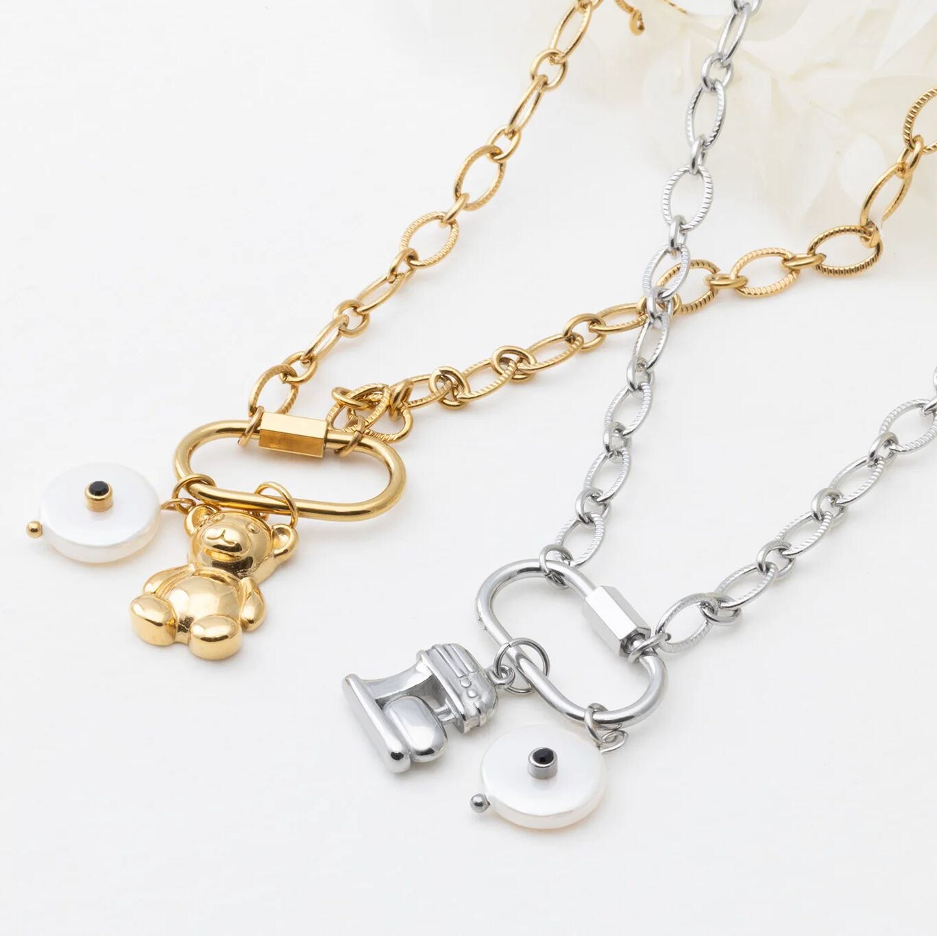 18K Gold PVD Stainless Steel Loop Chain Carabiner Necklace- gold and stainless studio