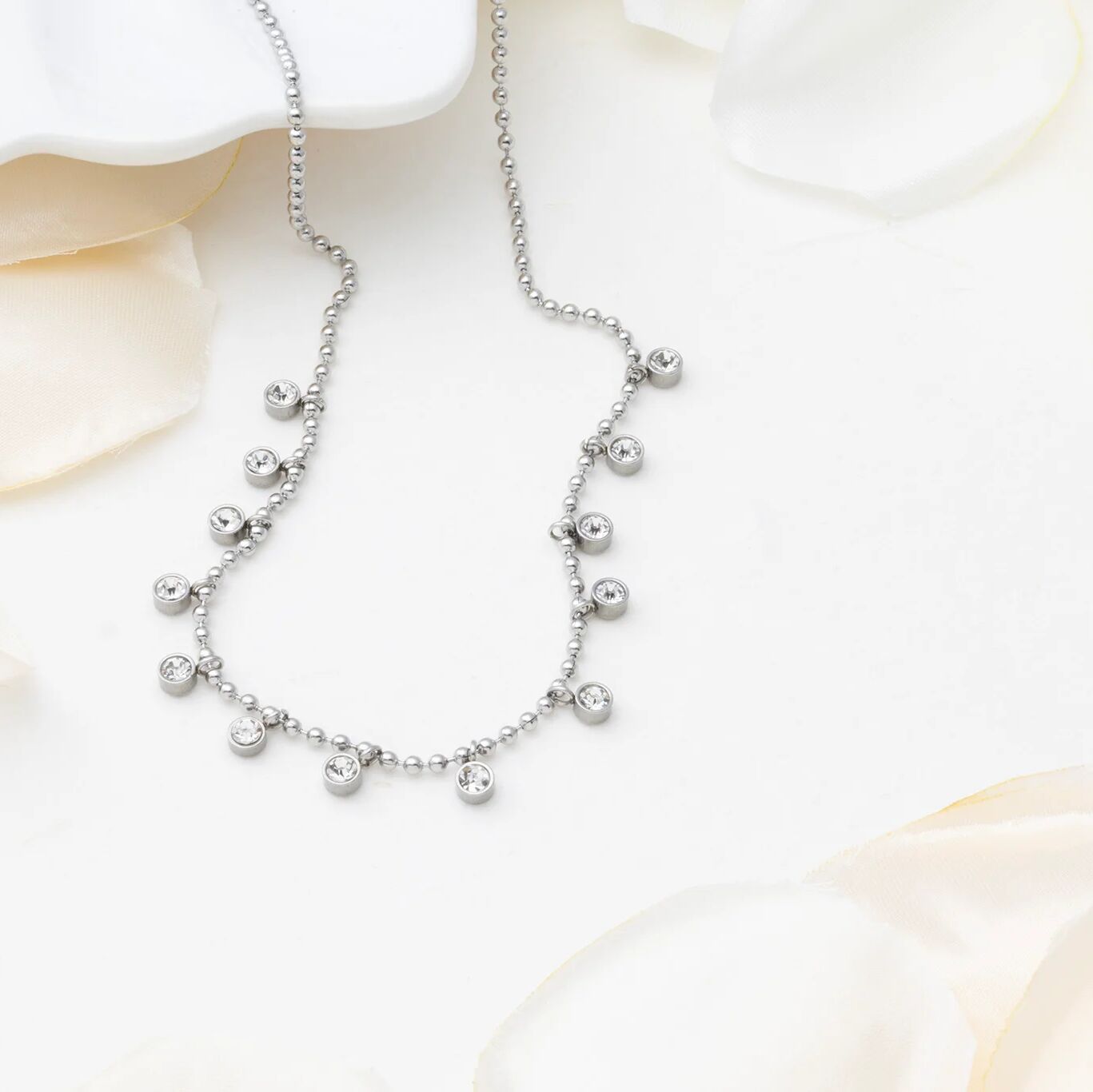 18K Gold PVD Stainless Steal Round Stone Dangle Necklace- silver studio