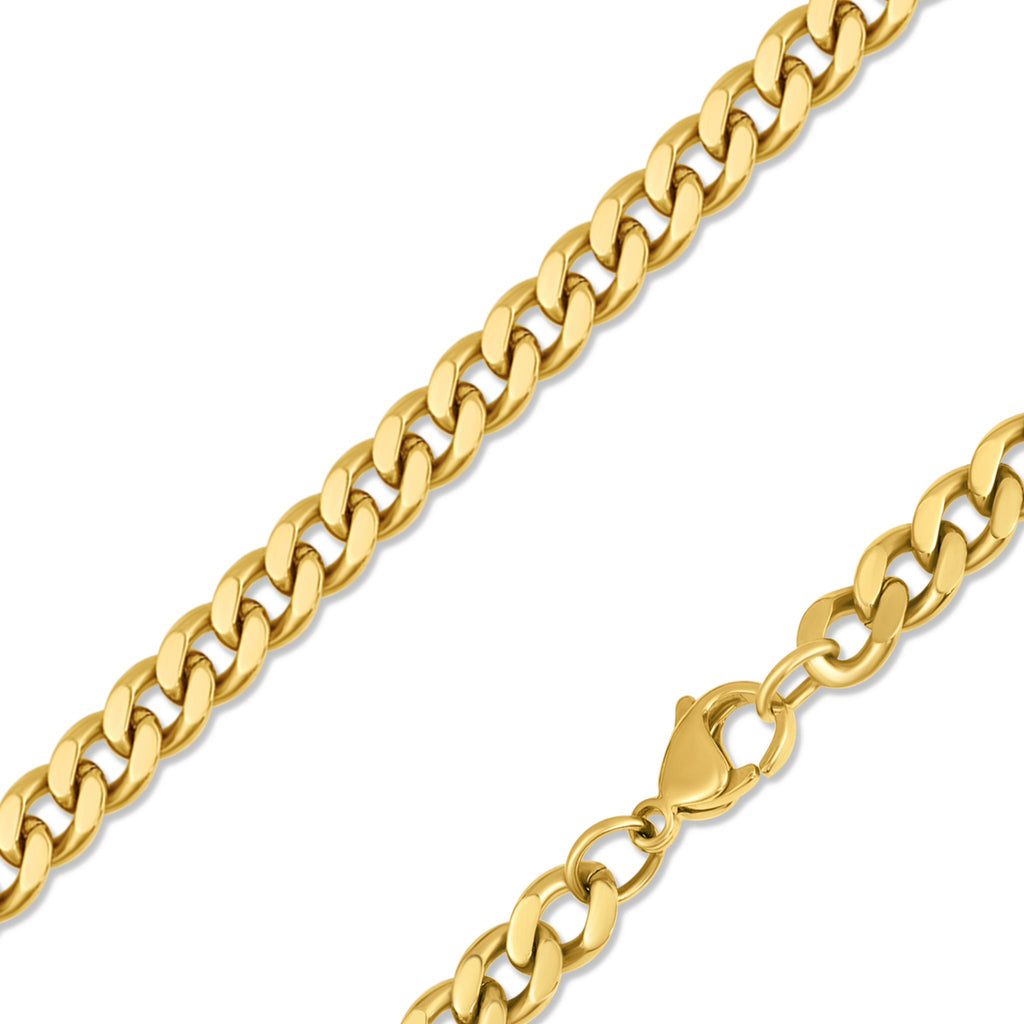 18K Gold Curb Chain – Diamond Cut Flat Stainless Steel Necklace with Lobster Claw Clasp