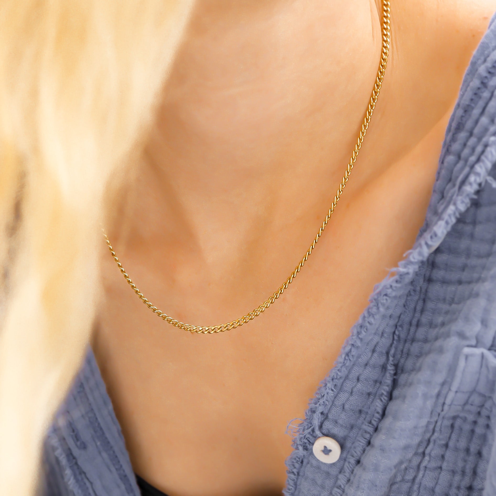 18K Gold Curb Chain – Diamond Cut Flat Stainless Steel Necklace with Lobster Claw Clasp