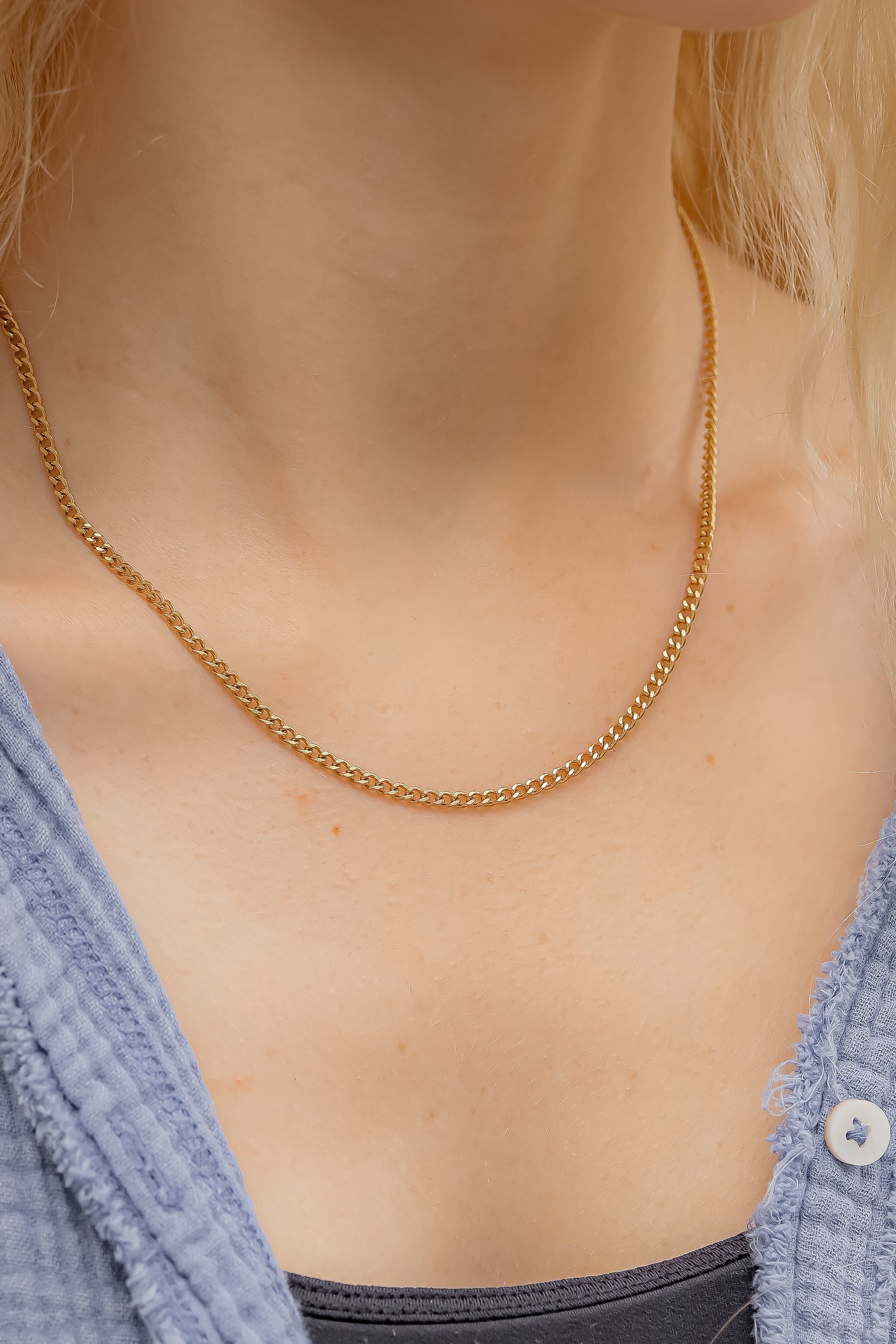 18K Gold Curb Chain – Diamond Cut Flat Stainless Steel Necklace with Lobster Claw Clasp