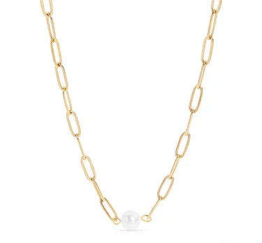 18K Gold PVD Stainless Steel Paperclip Necklace With Pearl