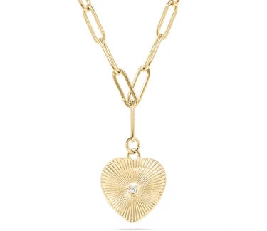 18K Gold PVD Stainless Steel Sunburst CZ Heart Paperclip Pendant Necklace