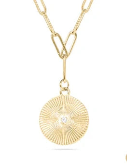 18K Gold PVD Stainless Steel Sunburst Medallion CZ Paperclip Necklace