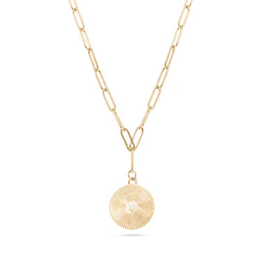 Radiant Sunburst Necklace – 18K Gold Paperclip Chain with Crystal Center