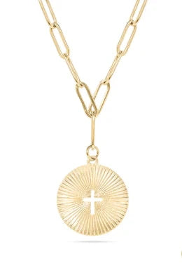18K Gold PVD Stainless Steel Sunburst Cross Paperclip Pendant Necklace