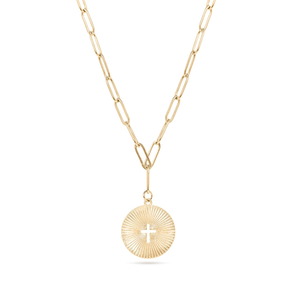Sunburst Cross Necklace – 18K Gold Pendant On Adjustable Paperclip Chain