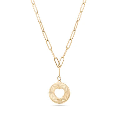 Sunburst Heart Cutout Necklace – 18K Gold Paperclip Chain Pendant