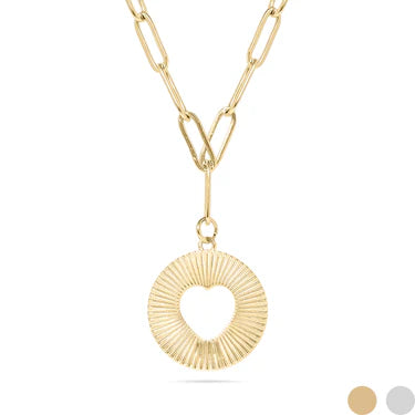 Sunburst Heart Cutout Necklace – 18K Gold Paperclip Chain Pendant