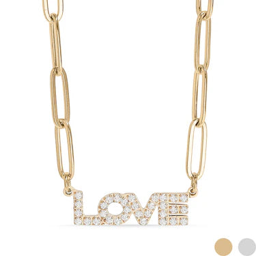 Bold LOVE Necklace – 18K Gold Paperclip Chain with Pavé Letter Charm