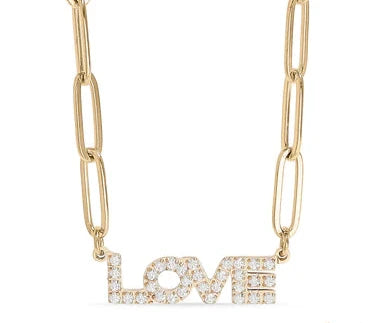 18K Gold PVD Stainless Steel Stone "Love" Paperclip Chain Necklace