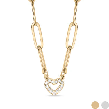 Sparkle Heart Necklace – 18K Gold Paperclip Chain with Pavé Crystal Heart
