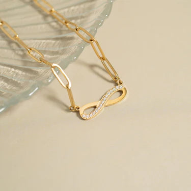 Infinity Love Necklace – 18K Gold Paperclip Chain with Crystal Infinity Charm