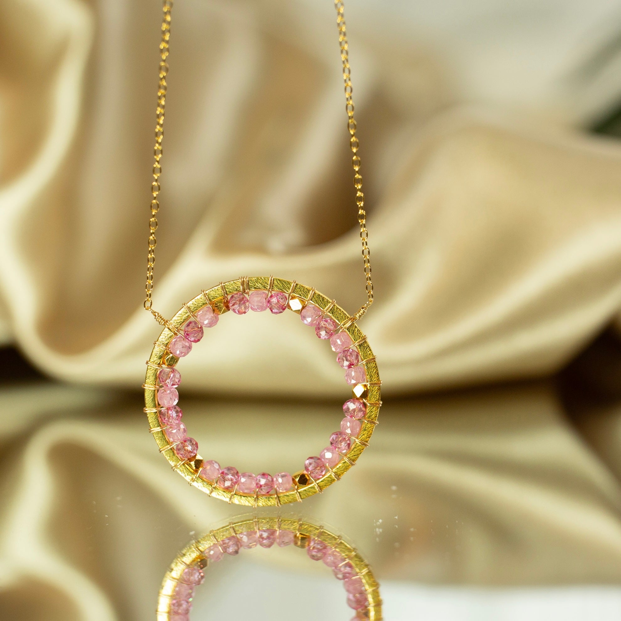 Halo Necklace | Handmade Gemstone Pendant - Adjustable Gold Chain Jewelry