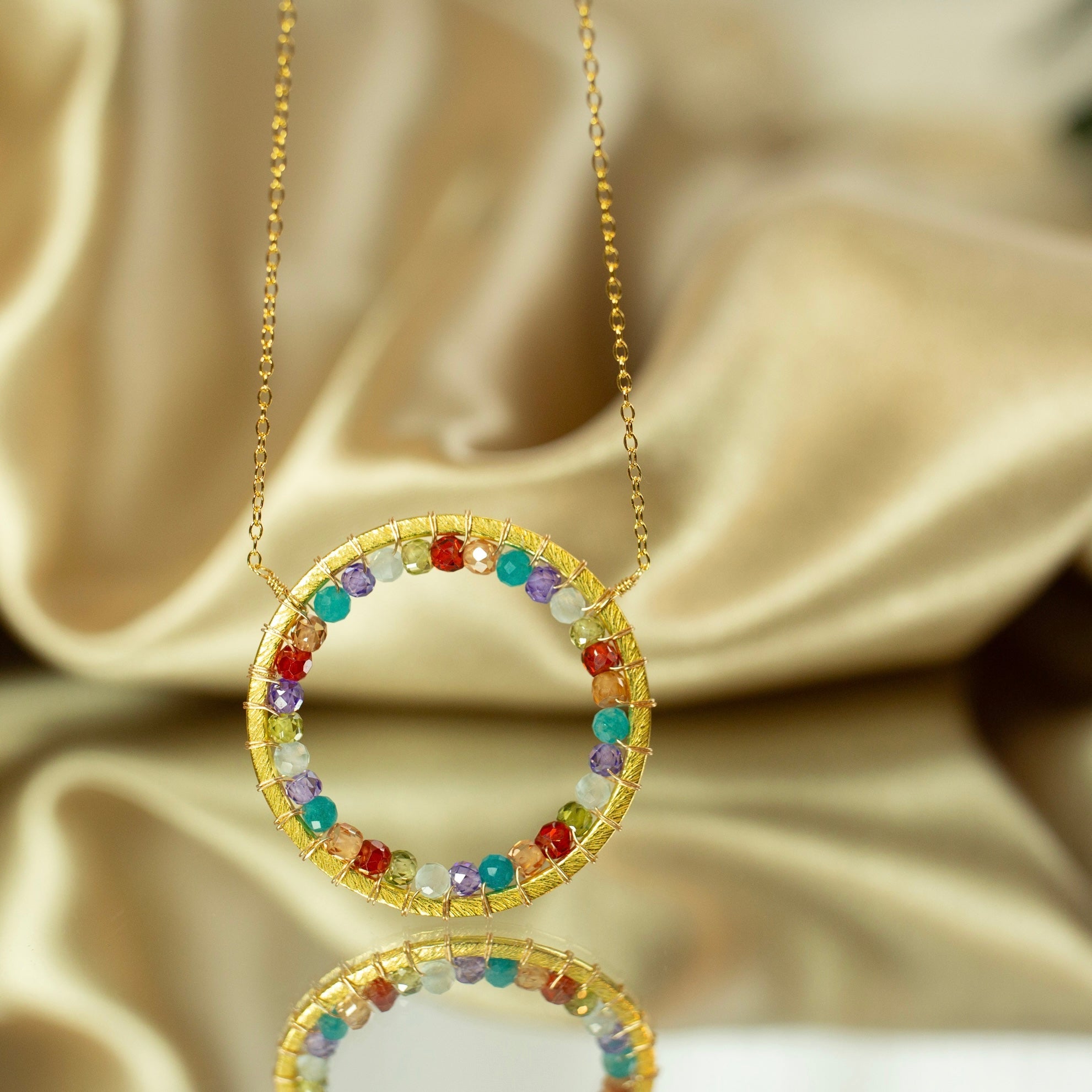 Halo Necklace | Handmade Gemstone Pendant - Adjustable Gold Chain Jewelry