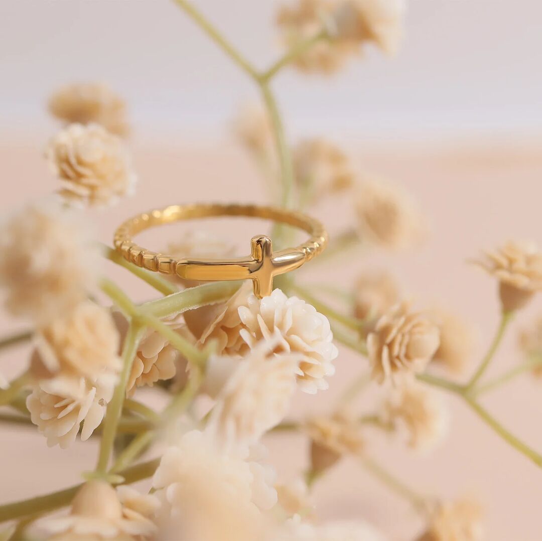 Beaded Cross Stacking Ring – 18K Gold Tarnish Resistant Stainless Steel Jewelry