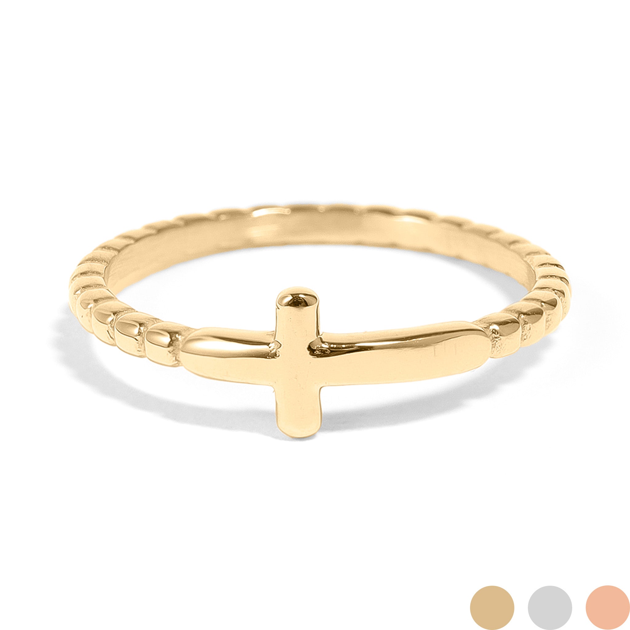 Gold Cross Stacking Ring – 18K Gold Jewelry With Beaded Cross Design