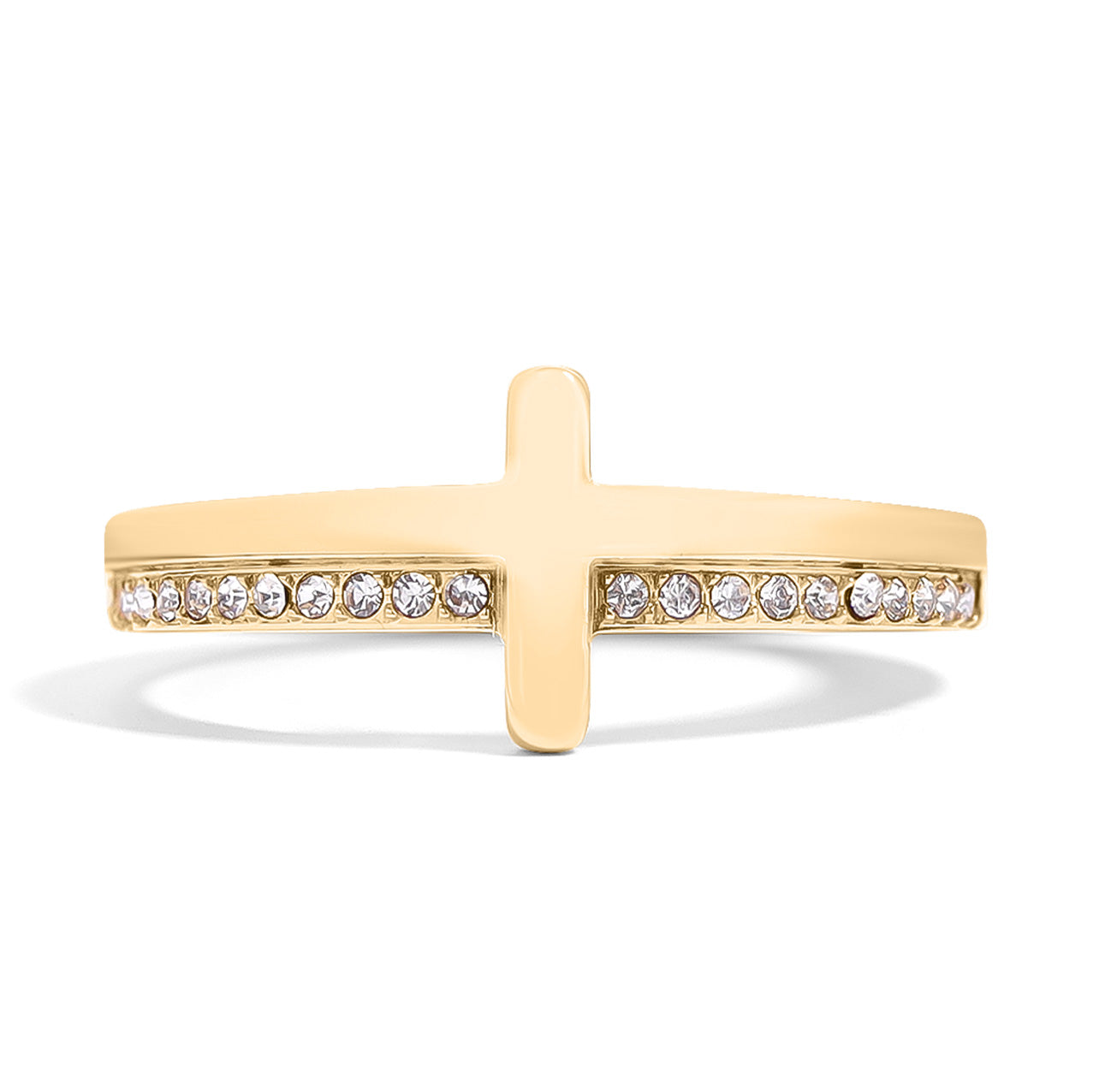 Gold Stacking Ring – 18K Gold Plated Cross With CZ Stones & Engraved Message