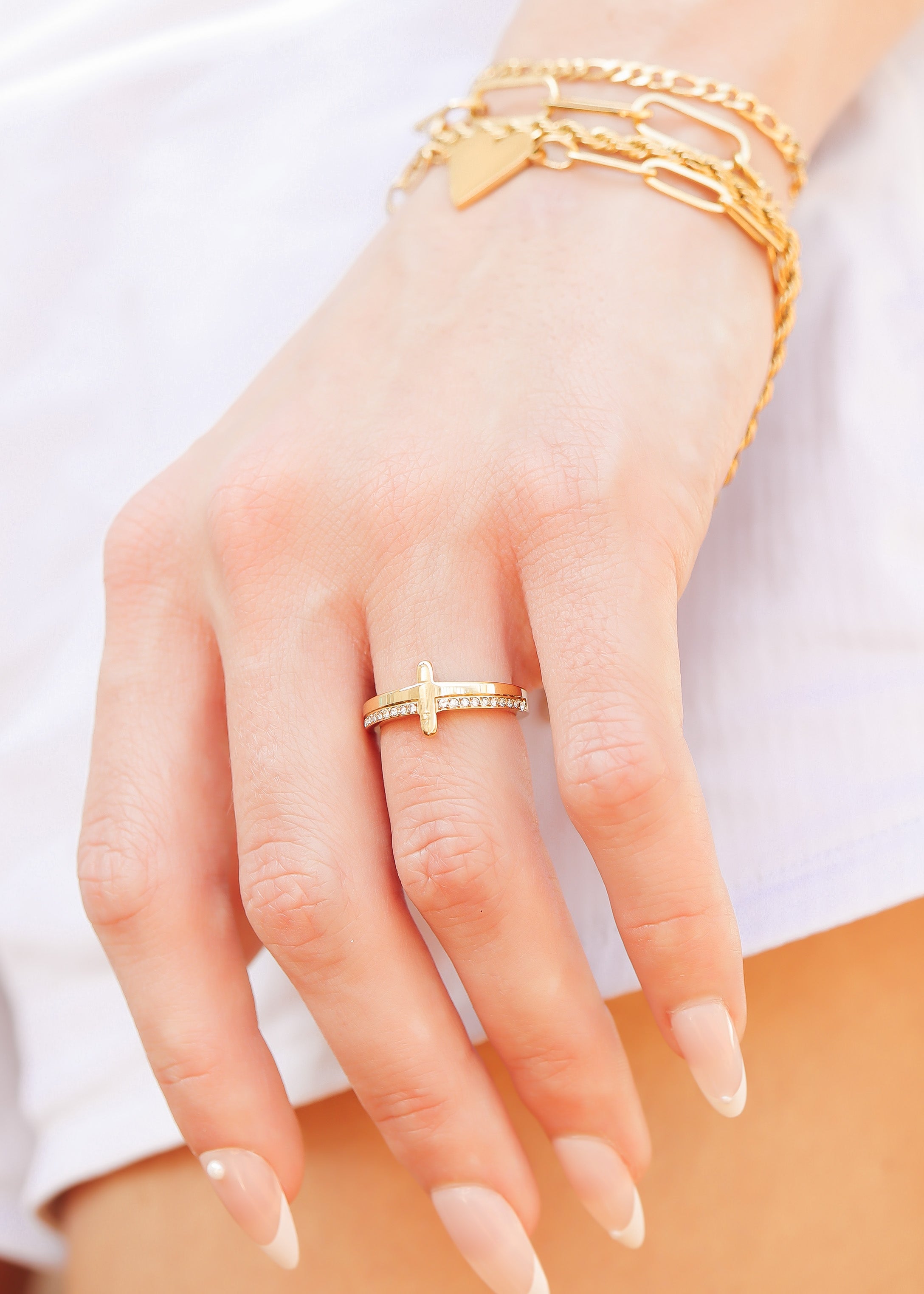 Gold Stacking Ring – 18K Gold Plated Cross With CZ Stones & Engraved Message