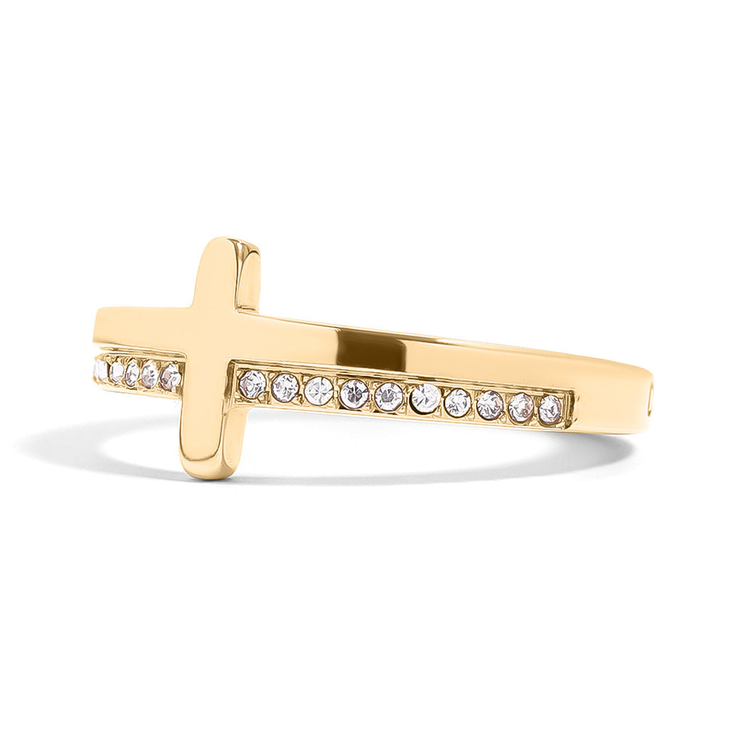 Gold Stacking Ring – 18K Gold Plated Cross With CZ Stones & Engraved Message