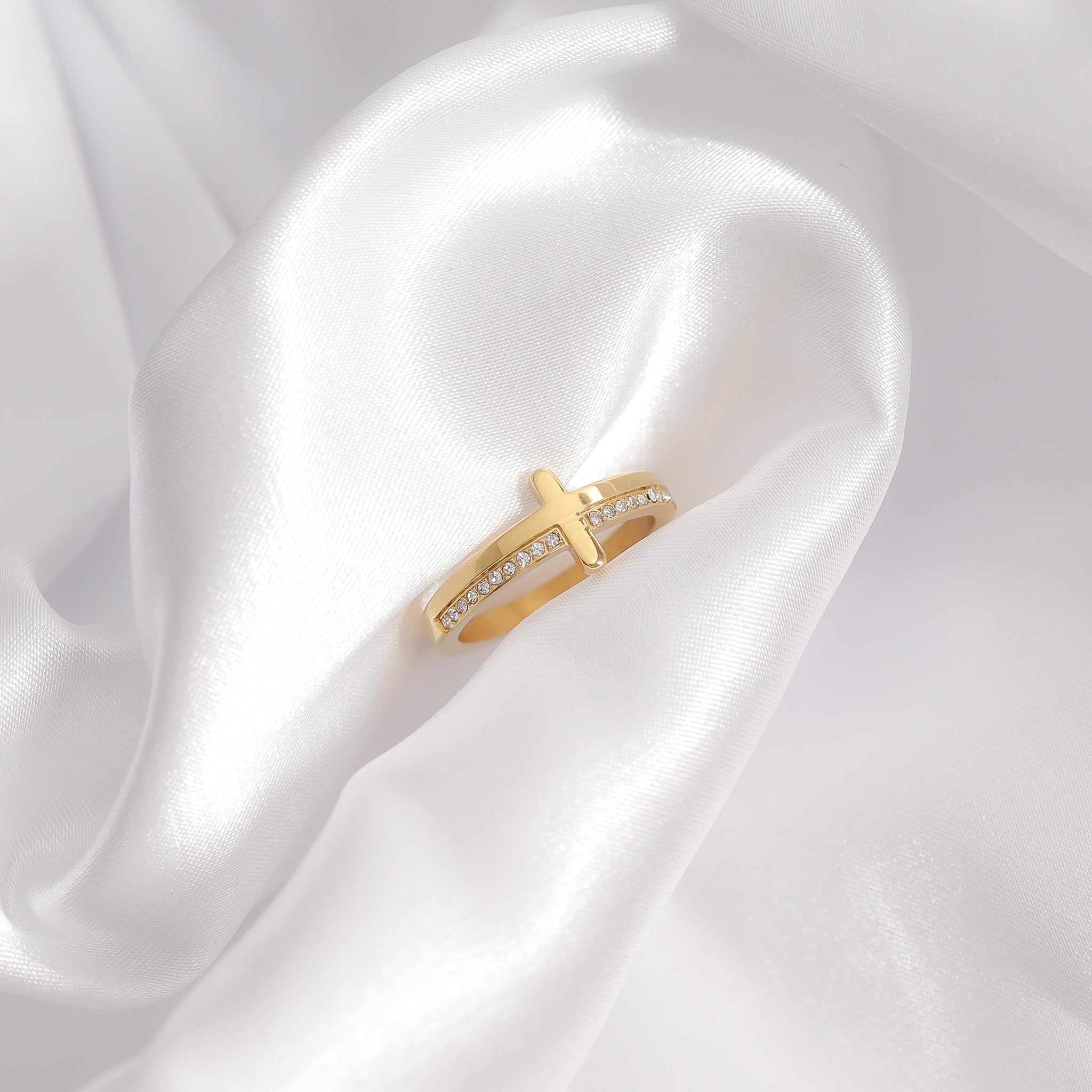 Gold Stacking Ring – 18K Gold Plated Cross With CZ Stones & Engraved Message