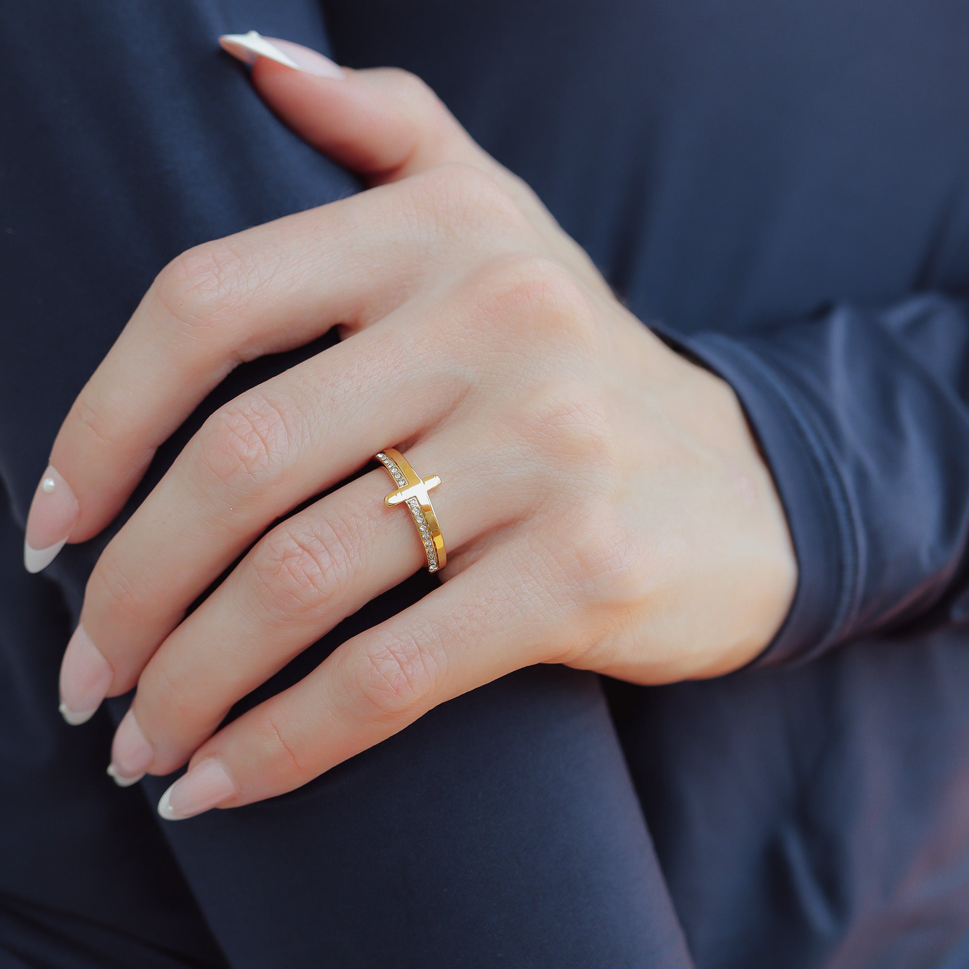 Gold Stacking Ring – 18K Gold Plated Cross With CZ Stones & Engraved Message