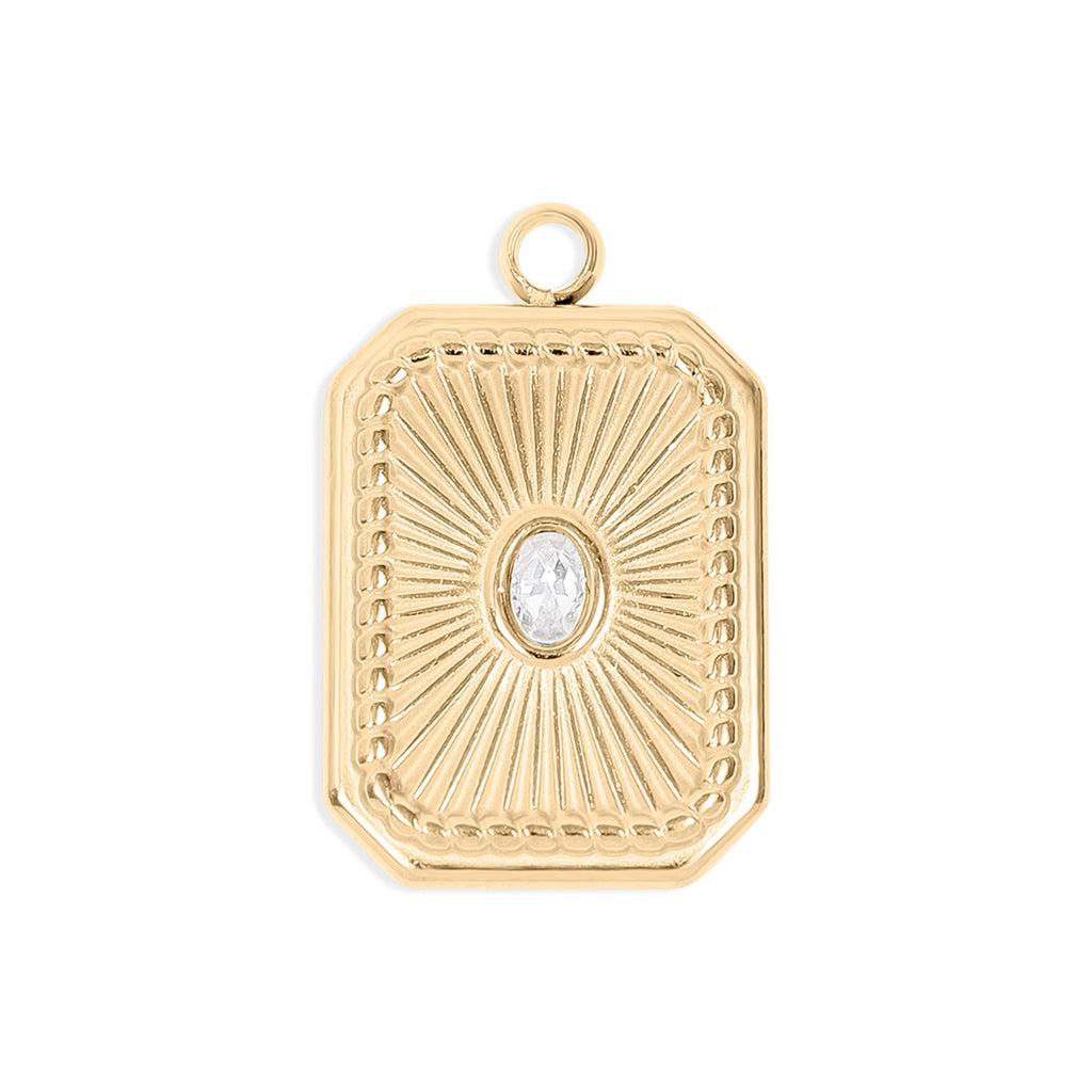 Gold Crystal Charm – Rectangle Sunburst Pendant | 18K Gold Jewelry, PVD Coated