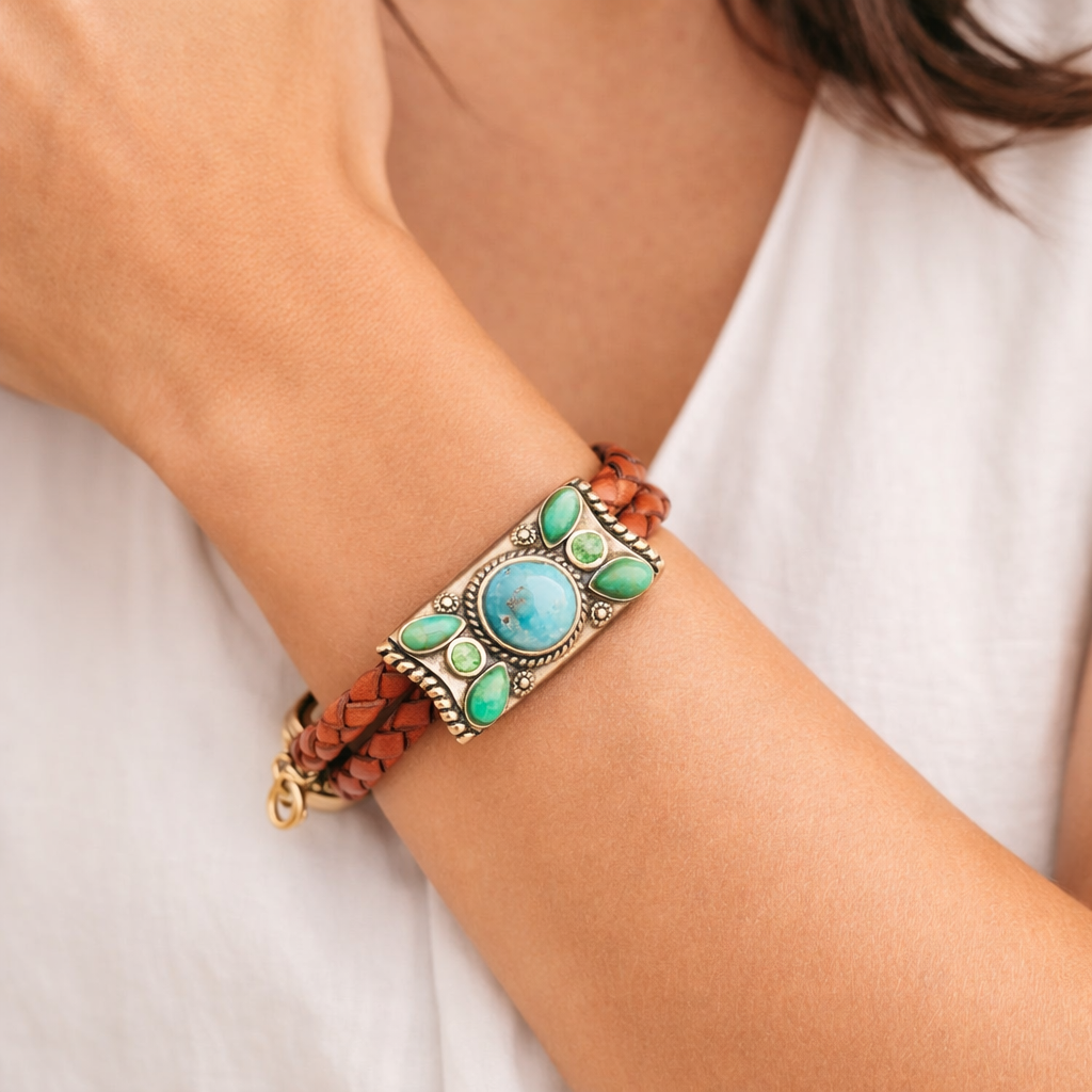 Legacy Lime Green and Blue Turquoise Braided Leather Bracelet