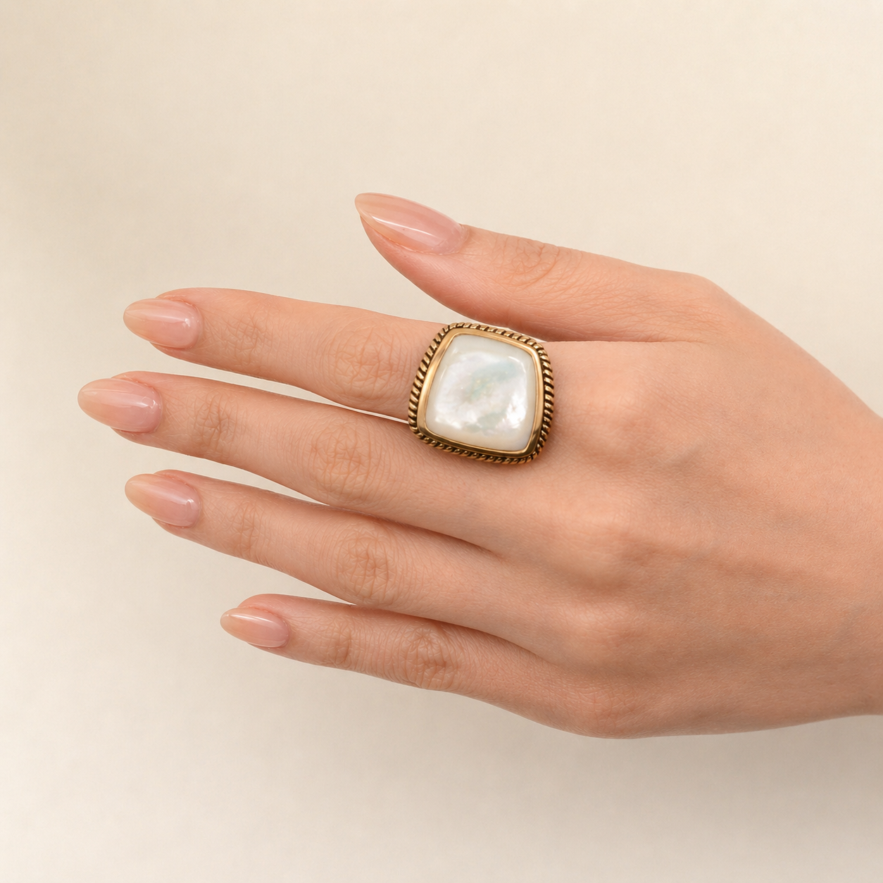 Roped White Mother of Pearl and Golden Statement Ring
