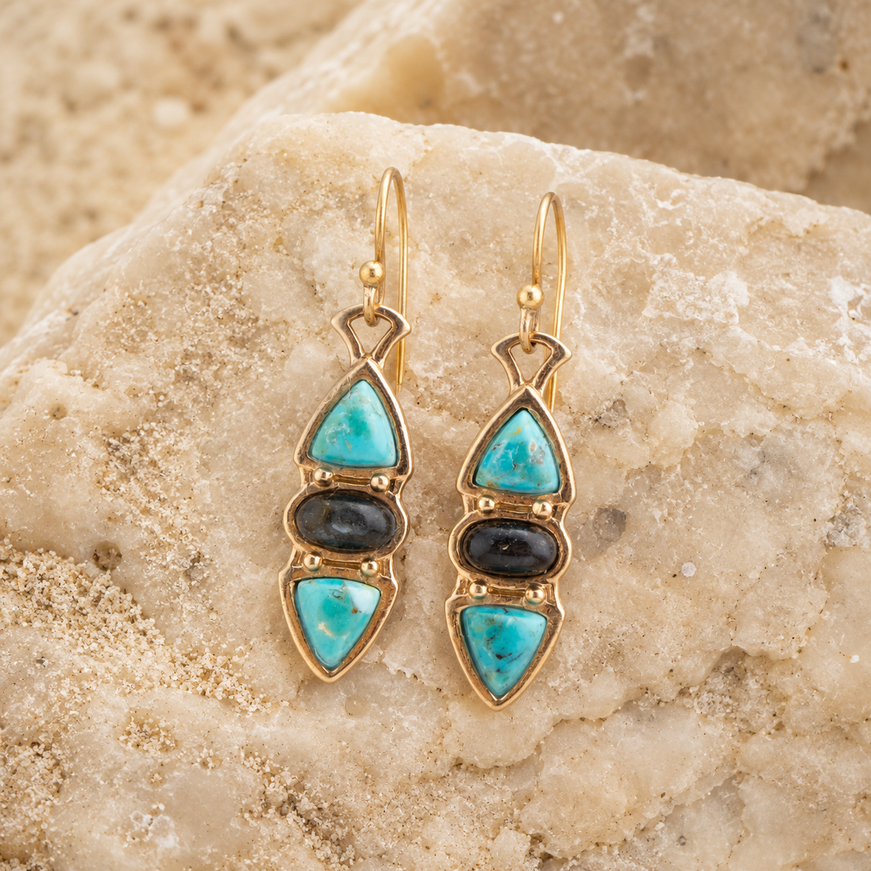 Blue Turquoise and Grey Labradorite Golden Drop Earrings