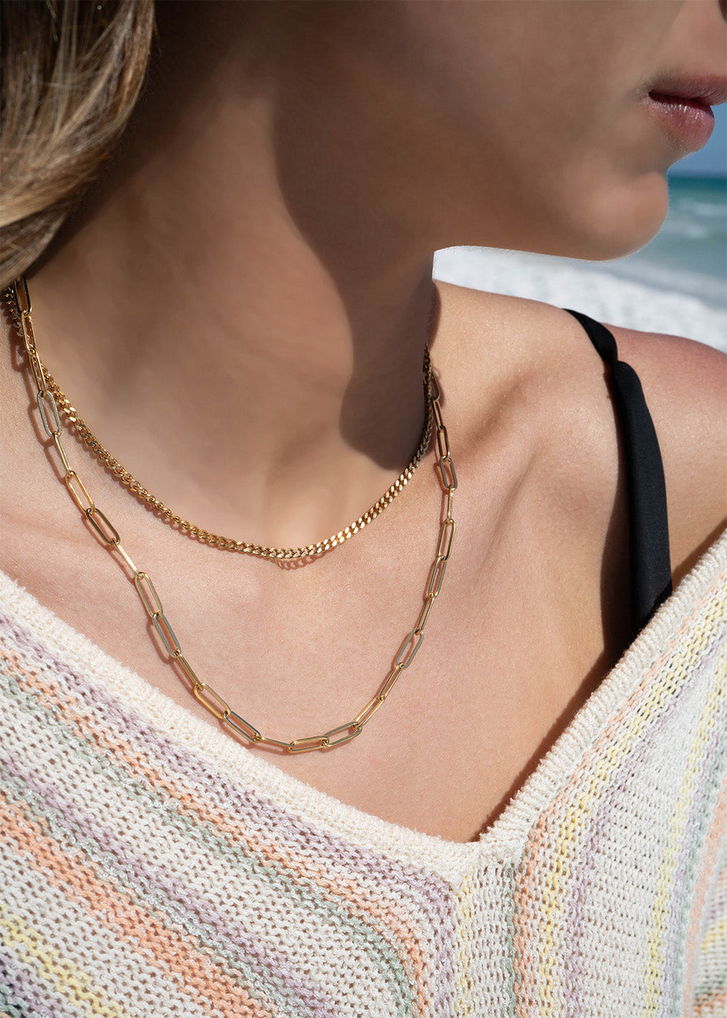 18K Gold Layered Necklace – Paperclip & Curb Chain | Hypoallergenic Stainless Steel