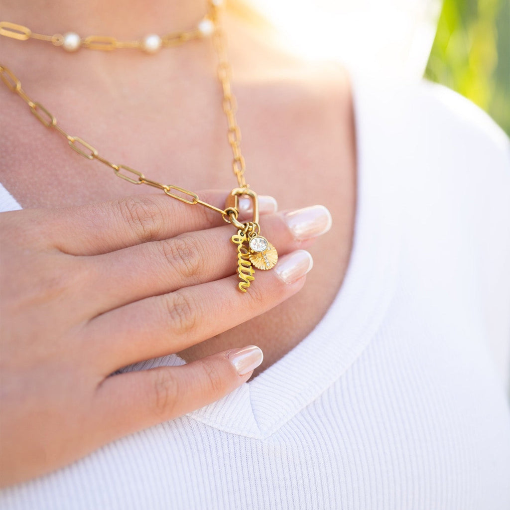 Carabiner Charm Necklace – 18K Gold Paperclip Chain With Sunburst Cross Pendant