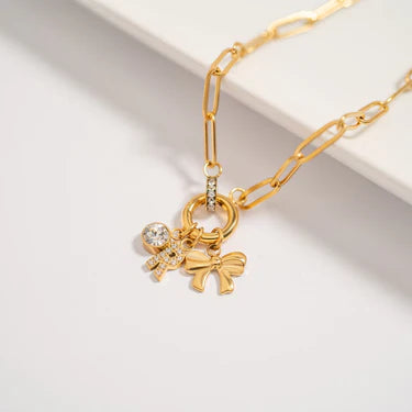 18K Gold PVD Paperclip CZ Carabiner Charm Holder Necklace