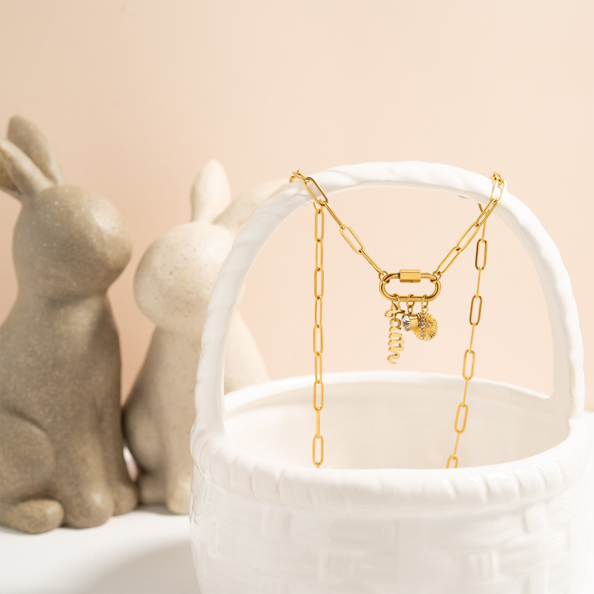 Carabiner Charm Necklace – 18K Gold Paperclip Chain With Sunburst Cross Pendant