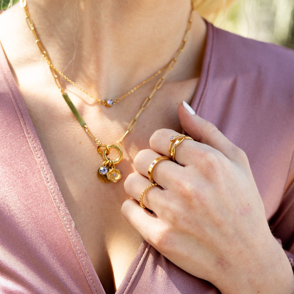 Birthstone Stacking Ring – 18K Gold PVD Stainless Steel Engraved Personalized Band