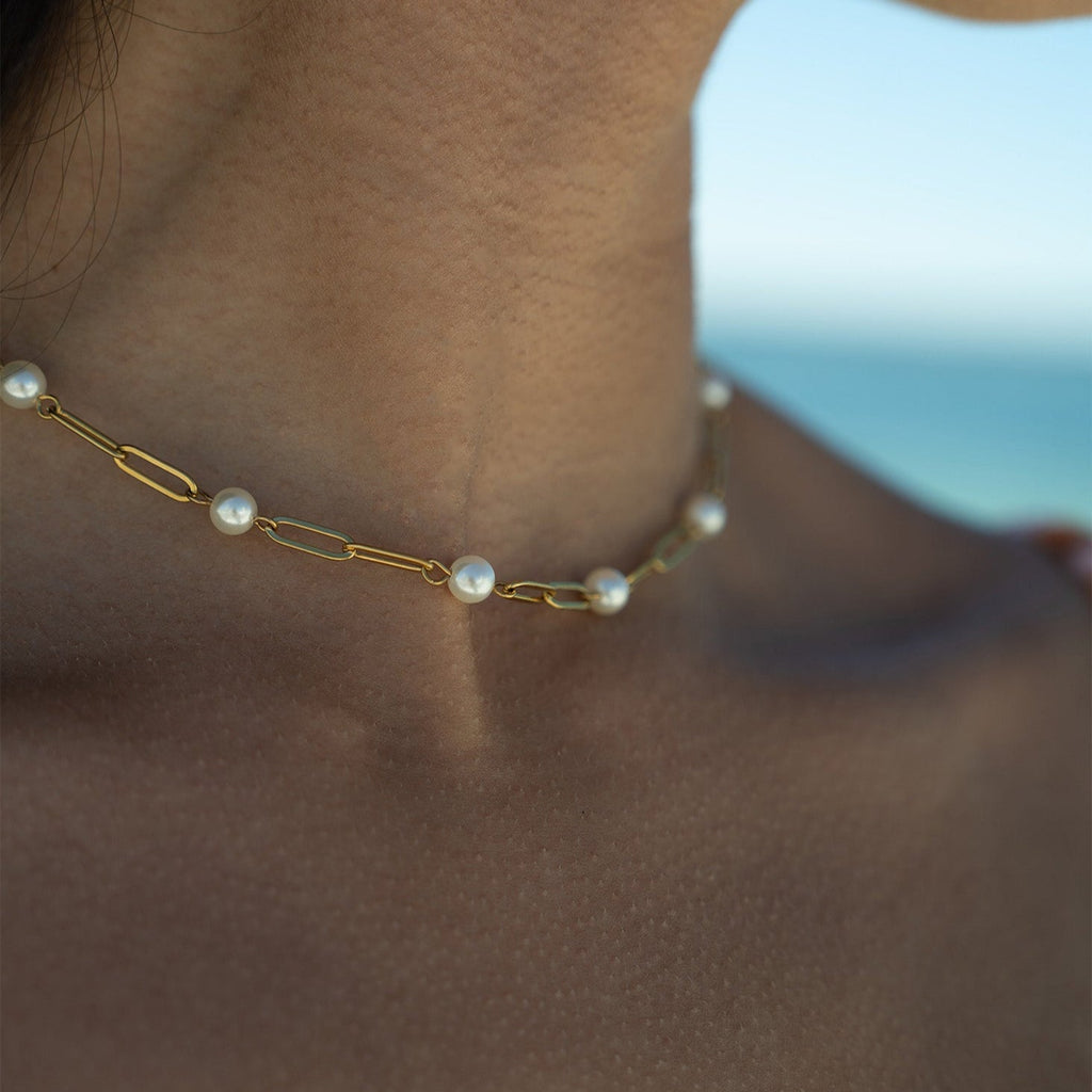 Gold Paperclip Necklace – 18K Gold Jewelry With Pearl Stations | Stainless Steel Chain
