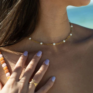 18K Gold PVD Stainless Steel Pearl Paperclip Chain Necklace