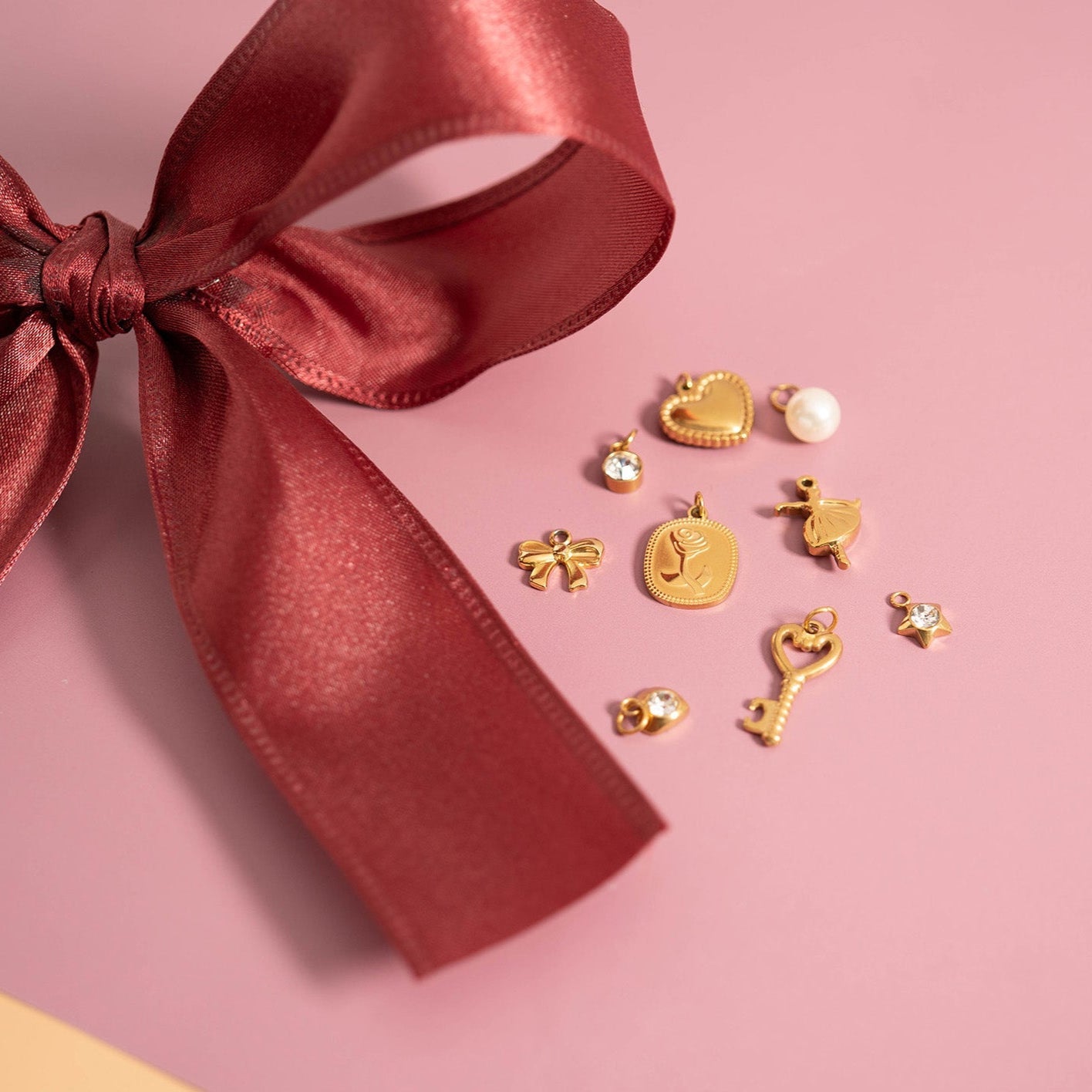 Gold Bow Charm | 18K PVD Coated Stainless Steel Ribbon Bow Pendant – Hypoallergenic Jewelry
