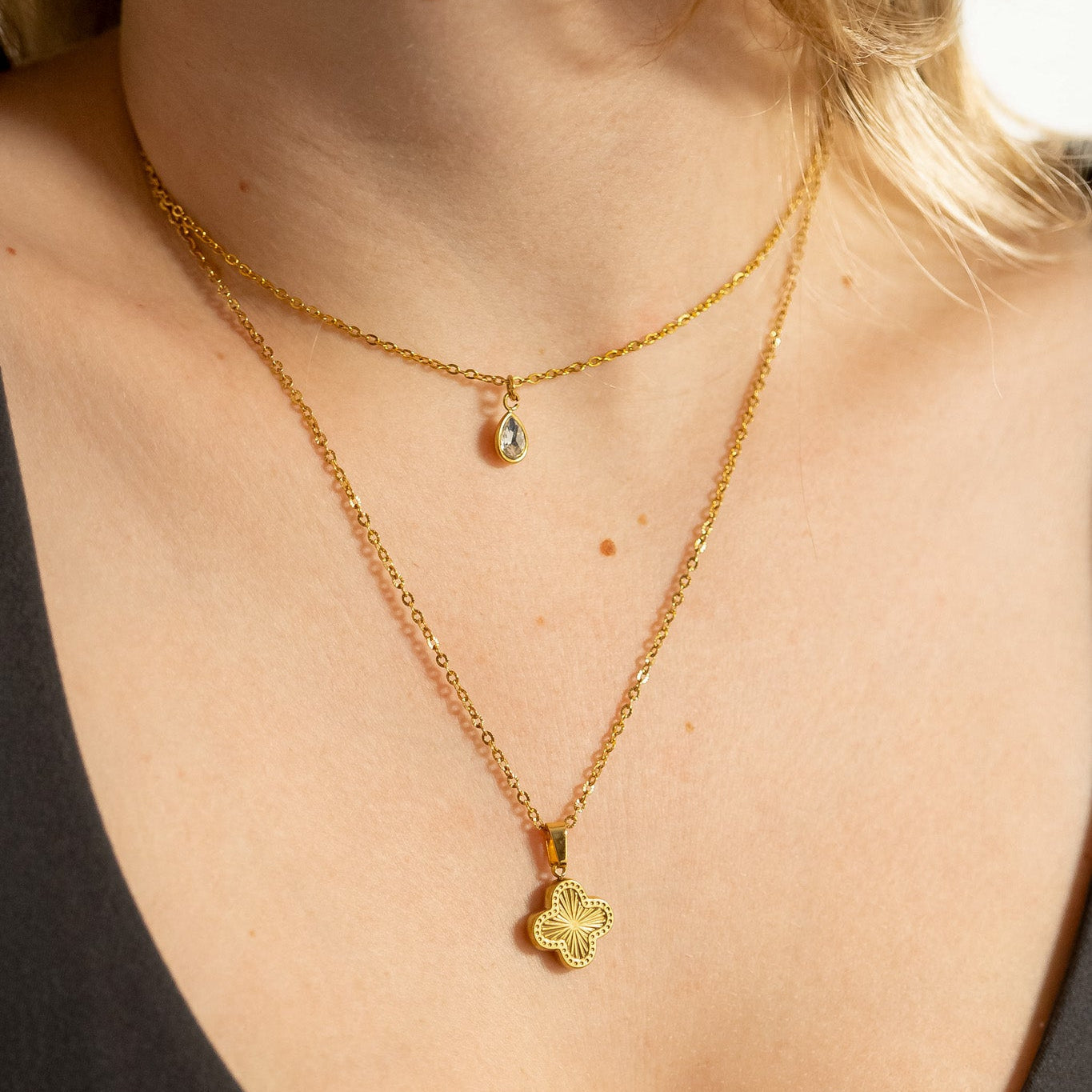 Lucky Clover Charm - 18K Gold PVD Stainless Steel Sunburst Pendant Gift