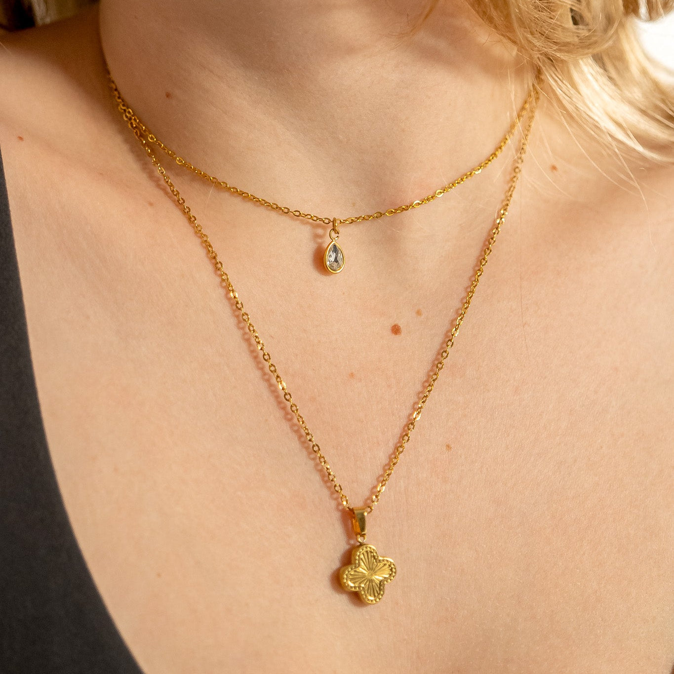 Lucky Clover Charm - 18K Gold PVD Stainless Steel Sunburst Pendant Gift