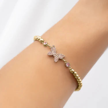 18K Gold PVD Stainless Steel Pink Butterfly Beaded Stretch Bracelet