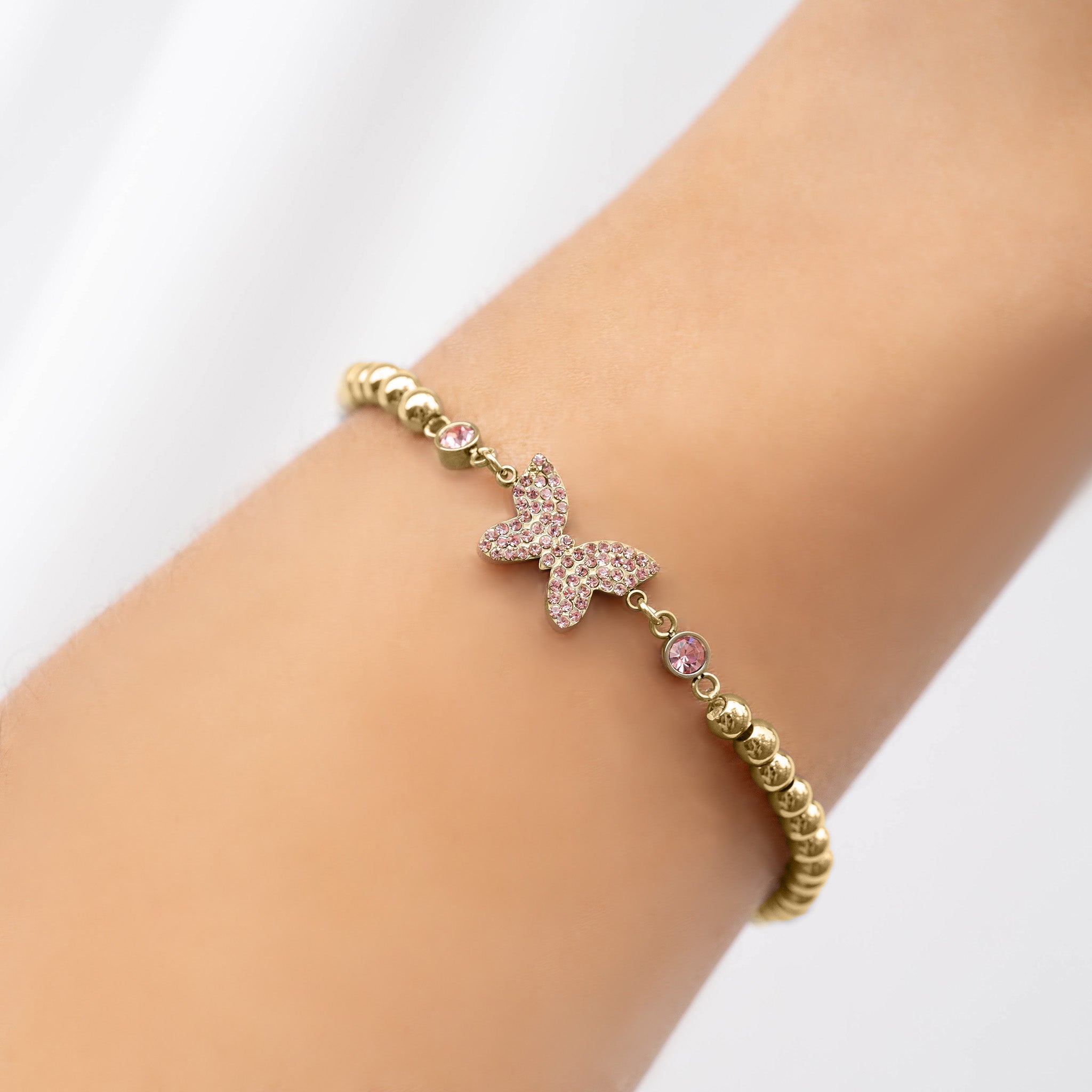 Gold Butterfly Bracelet – Adjustable Stretch Beaded Stainless Steel Charm