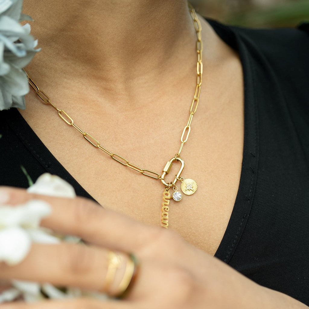 Carabiner Charm Necklace – 18K Gold Paperclip Chain With Dream & Compass Charms